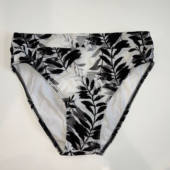 NWOT Splendid High Waist Swim Bikini Bottom XS Black White Leaf - Picture 1 of 12
